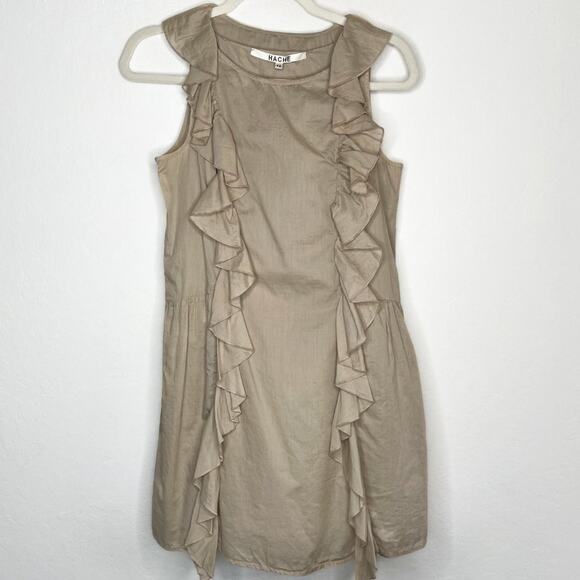 Hache Italy Sleeveless Tan Cotton Mini Ruffle Sheath Dress Large - Picture 2 of 11